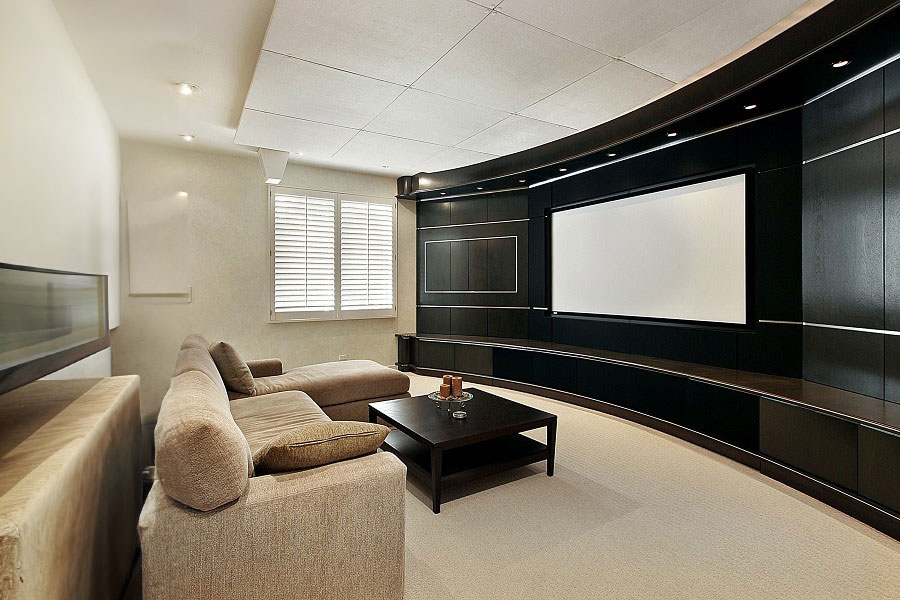 home theater room, screen on wall for a projector