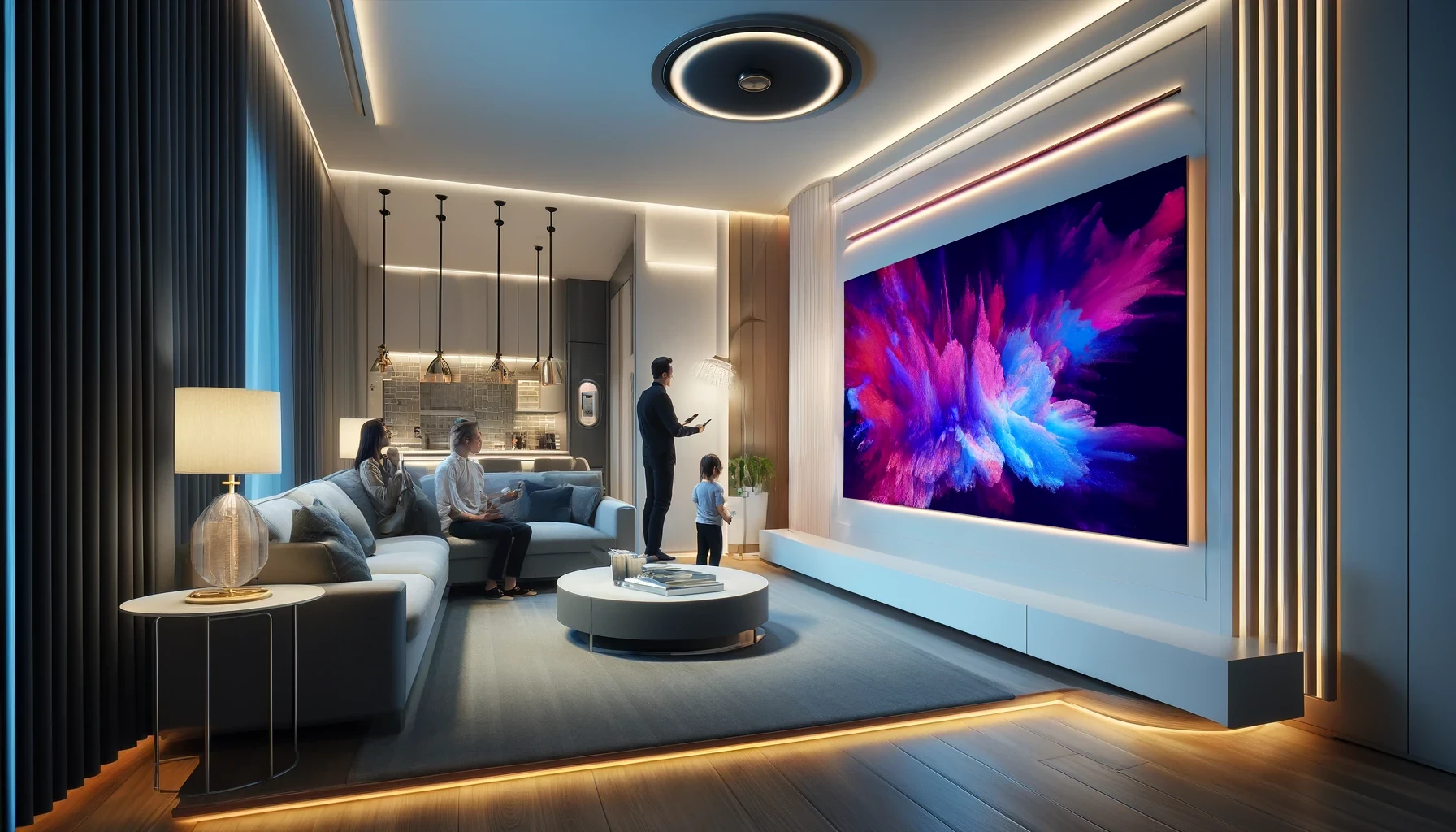 modern living room, featuring a large flat-screen smart TV displaying a vibrant and visually striking abstract image. This setting continues to showcase advanced smart home technology within a contemporary and minimalist decor. The room is designed for a sophisticated and luxurious lifestyle, enhanced by smart automation.